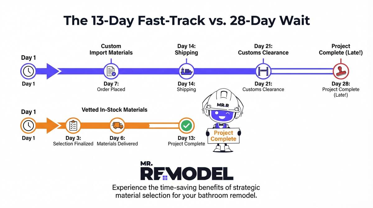 A comparative timeline infographic showing how selecting in-stock bathroom materials can reduce project lead times from 28 days down to 13 days.